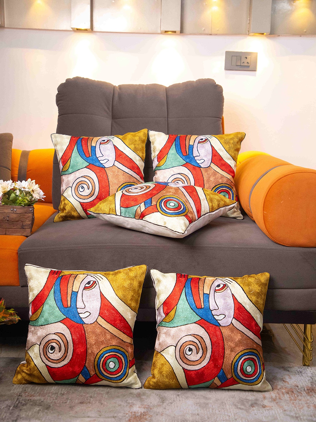 

STUDIOHMK Yellow & Red Graphic Embroidered Square Cotton Linen Cushion Cover