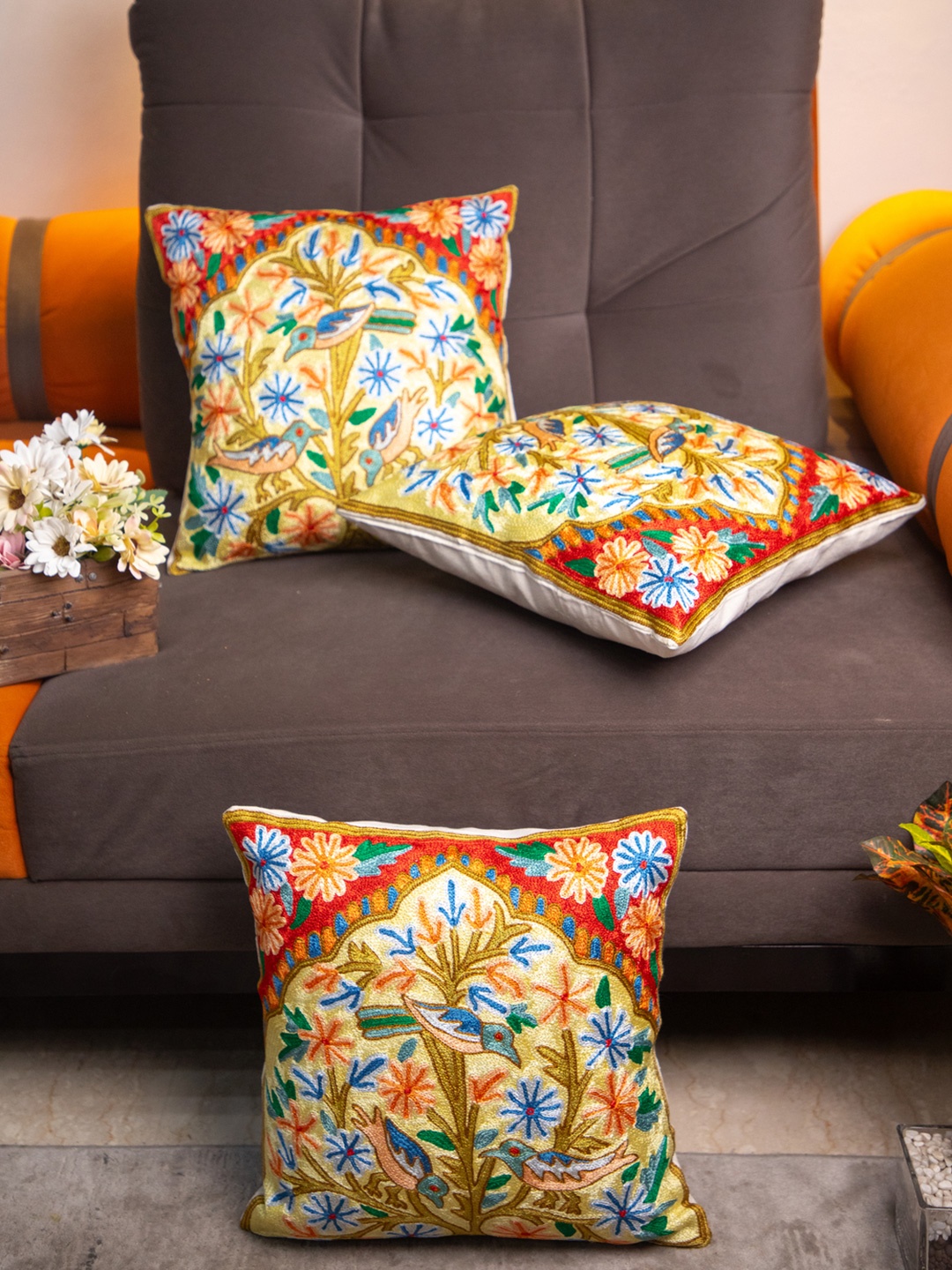 

STUDIOHMK Yellow & Orange Graphic Embroidered Square Cotton Linen Cushion Cover