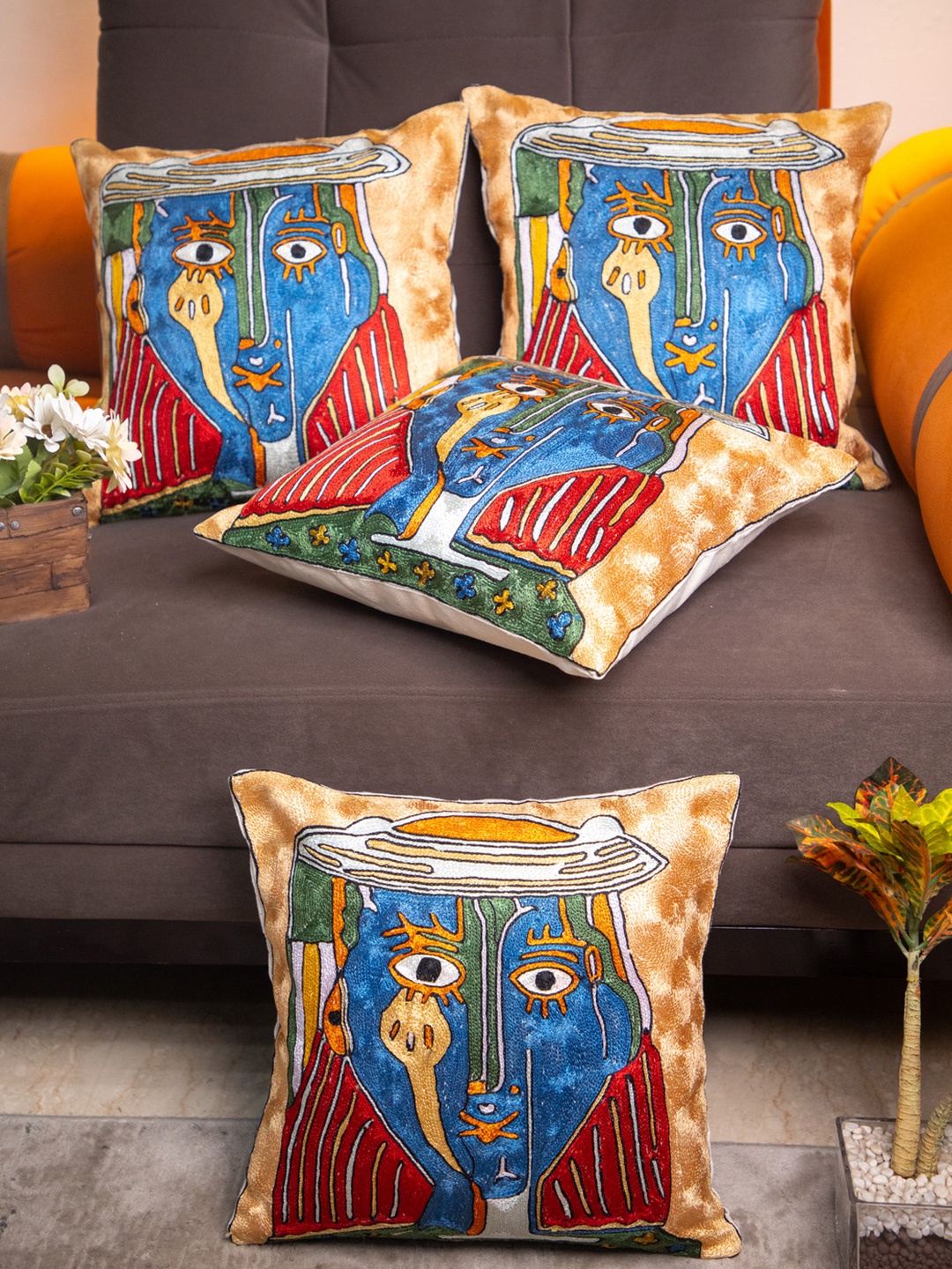 

STUDIOHMK Red & Blue Kashmiri Embroidered Square Cushion Covers