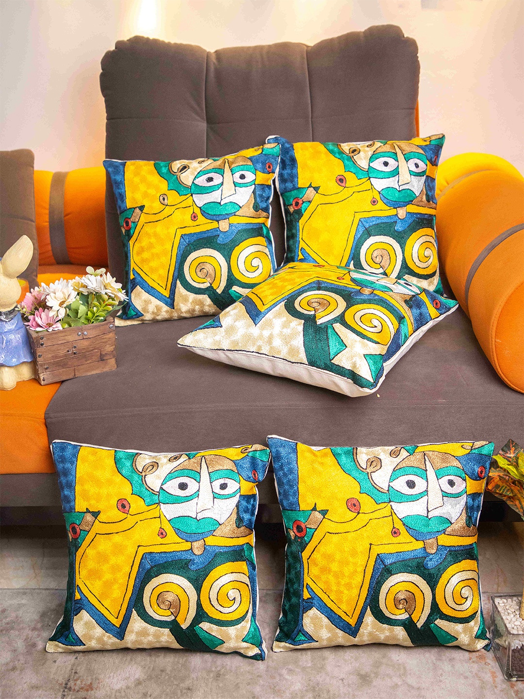 

STUDIOHMK Yellow & Navy Blue Kashmiri Embroidered Square Cushion Covers