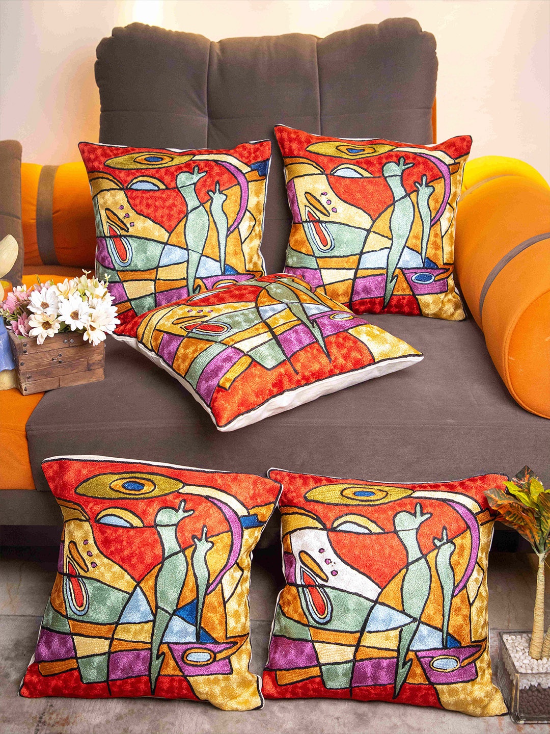 

STUDIOHMK Yellow & Red Graphic Embroidered Square Cotton Linen Cushion Cover