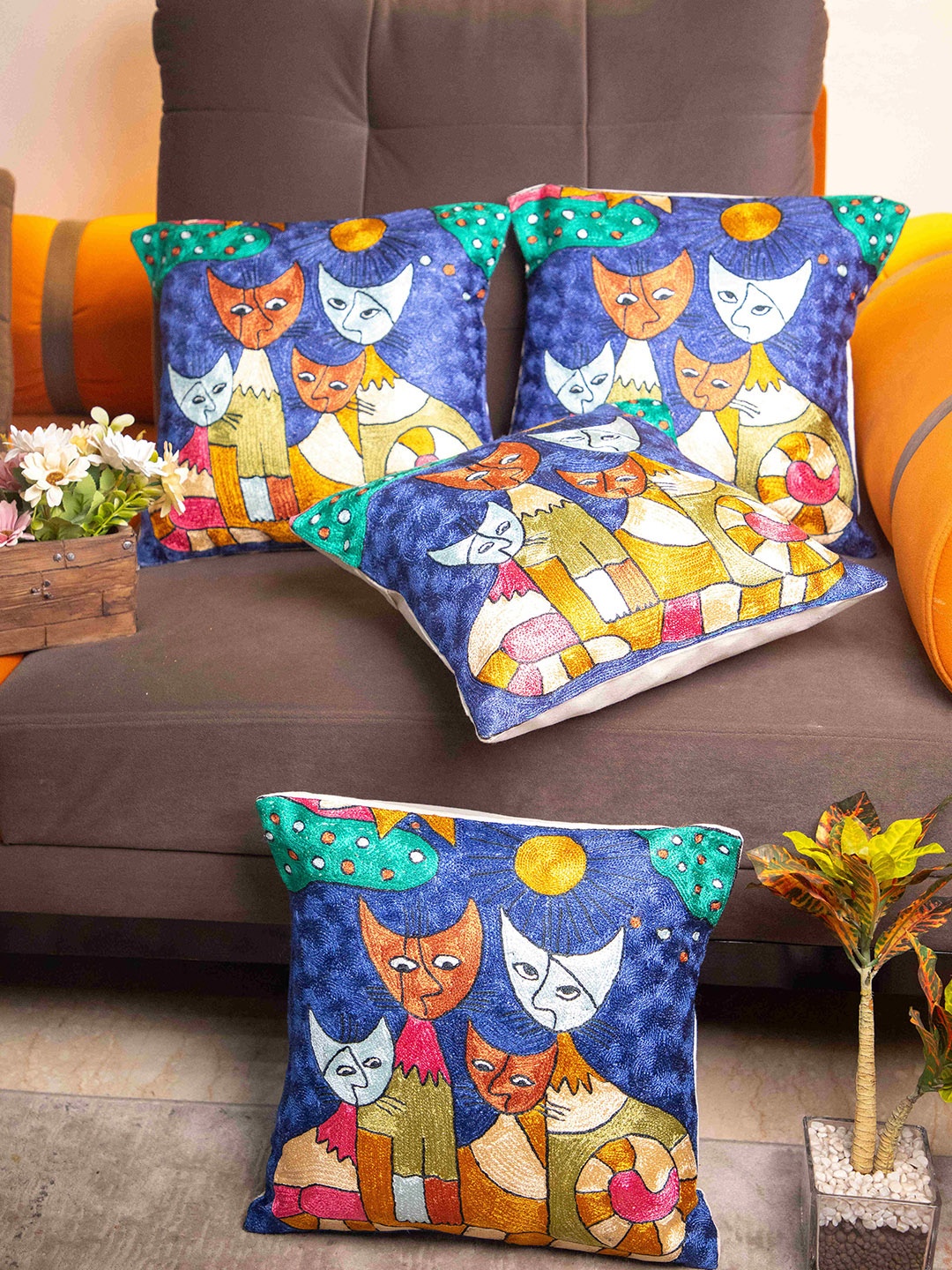 

STUDIOHMK Blue & Green Kashmiri Embroidered Square Cushion Covers