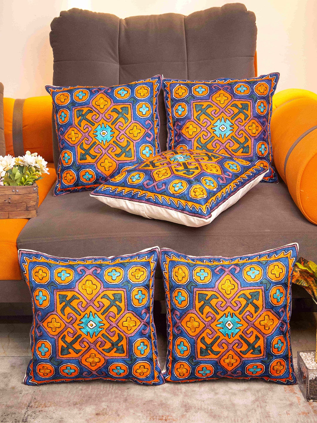 

STUDIOHMK Blue & Orange Kashmiri Embroidered Square Cushion Covers