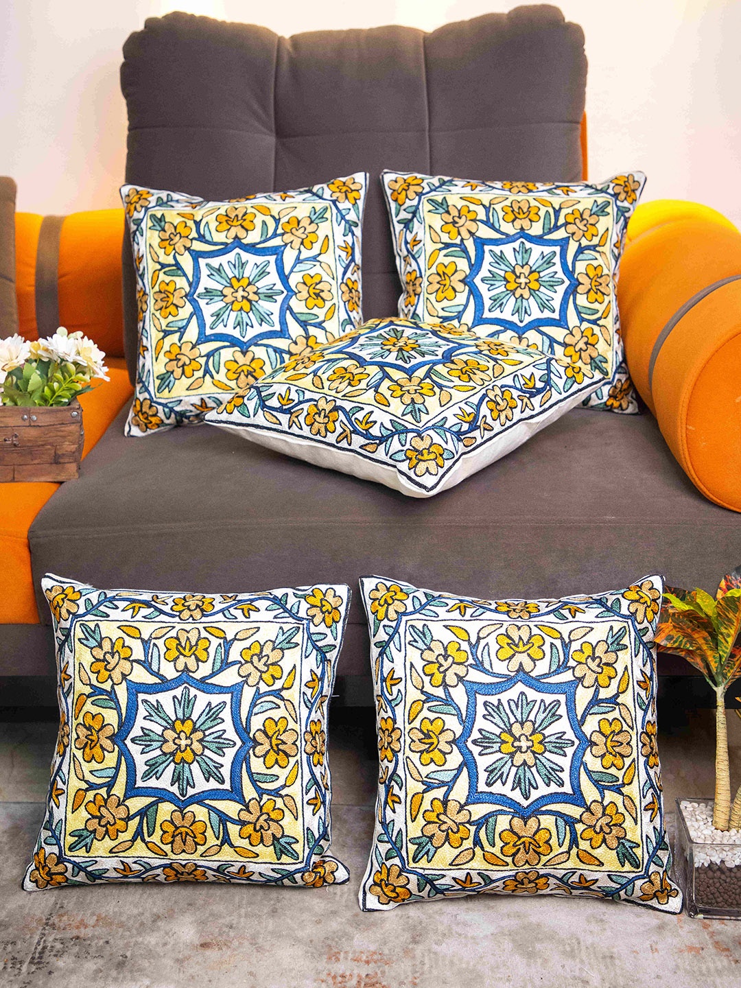 

STUDIOHMK White & Blue Floral Embroidered Square Cotton Linen Cushion Cover