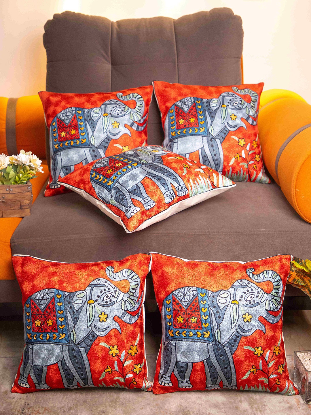 

STUDIOHMK Red & Grey Kashmiri Embroidered Square Cushion Covers