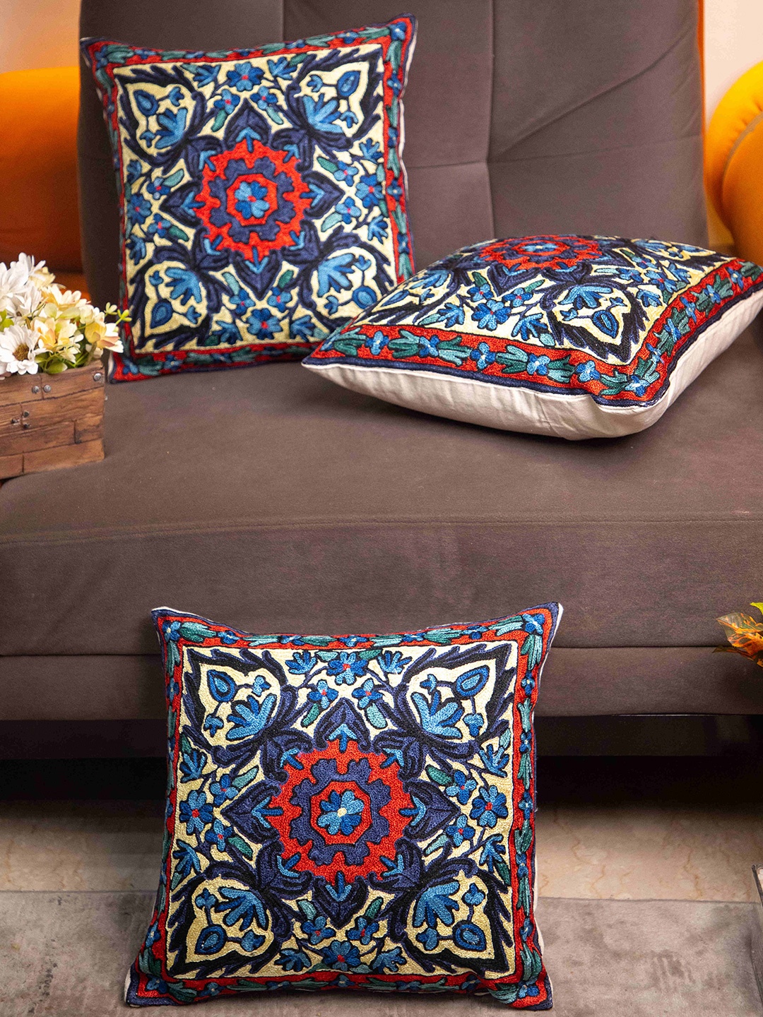 

STUDIOHMK Navy Blue & Pink Kashmiri Embroidered Square Cushion Covers