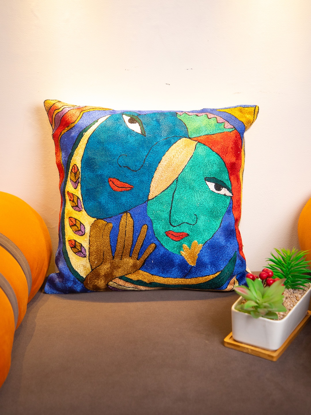

STUDIOHMK Blue & Biege Graphic Embroidered Square Cotton Linen Cushion Cover