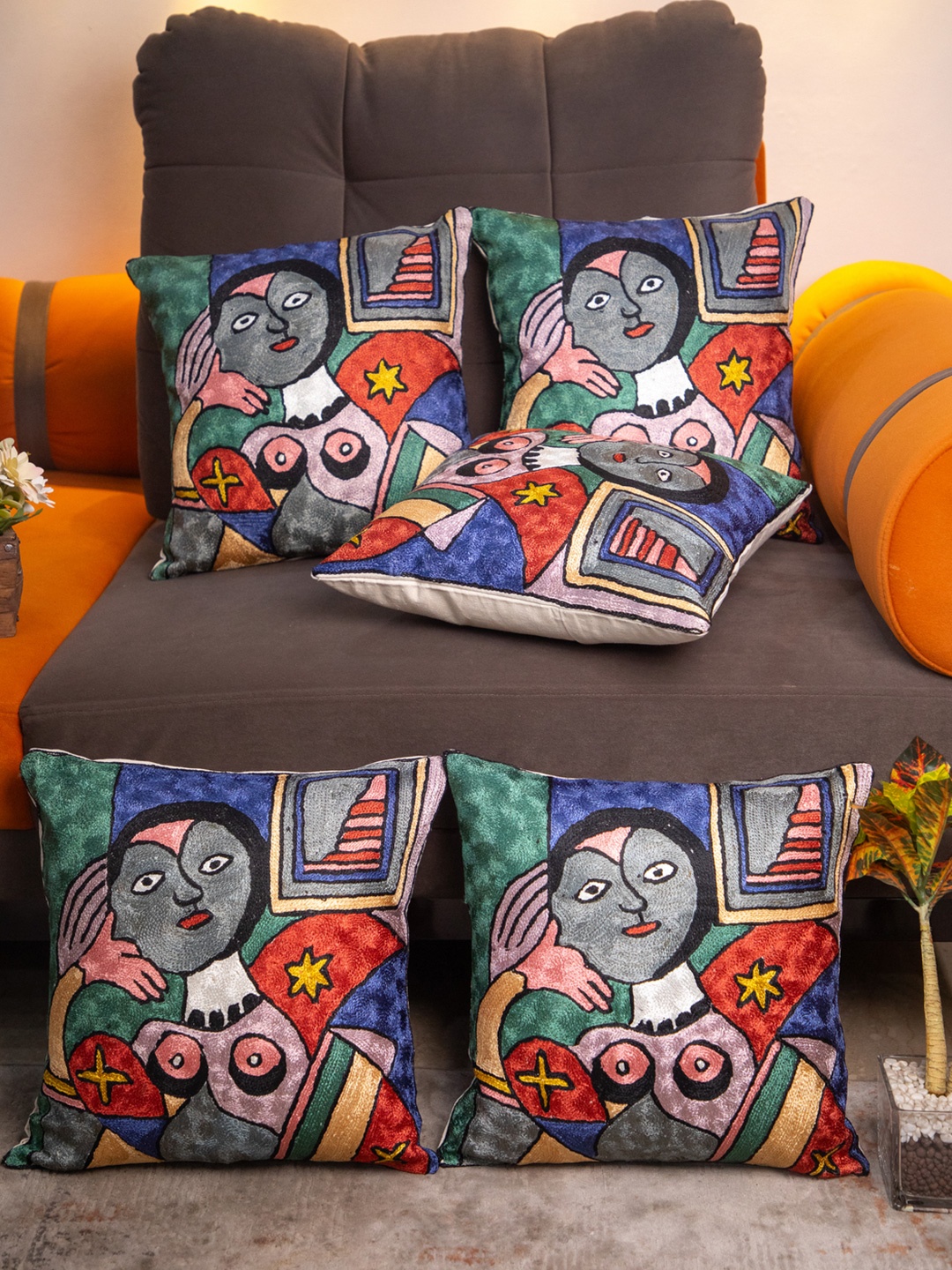 

STUDIOHMK Green & Red Kashmiri Embroidered Square Cushion Covers