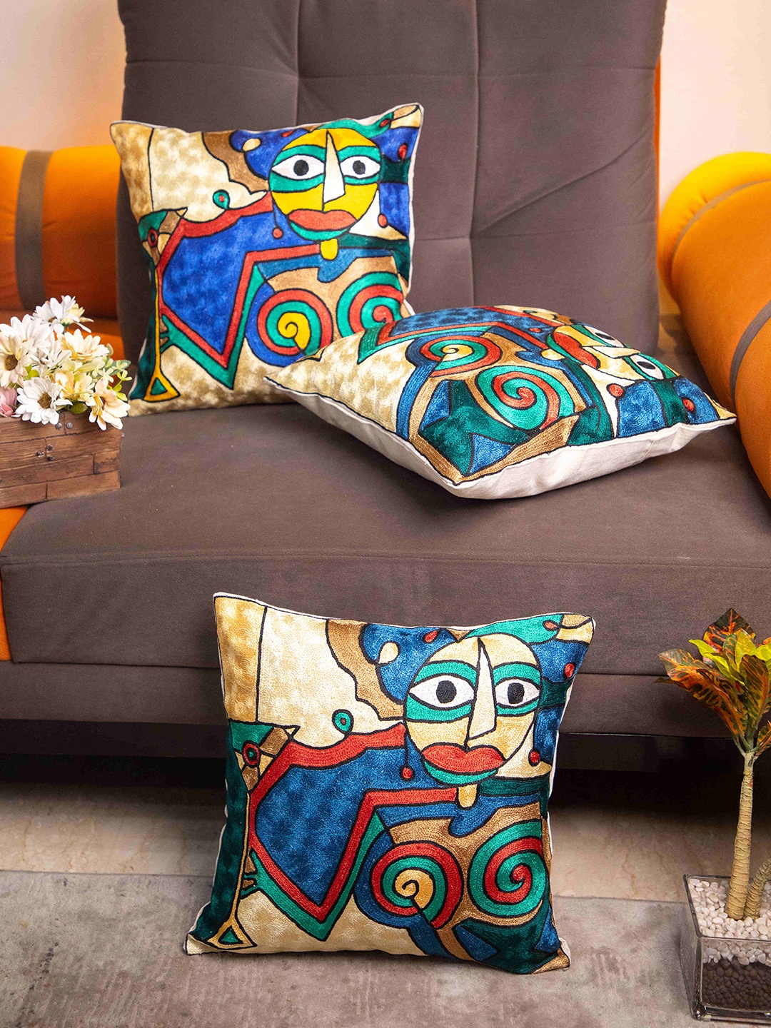 

STUDIOHMK Blue & Red Kashmiri Embroidered Square Cushion Covers