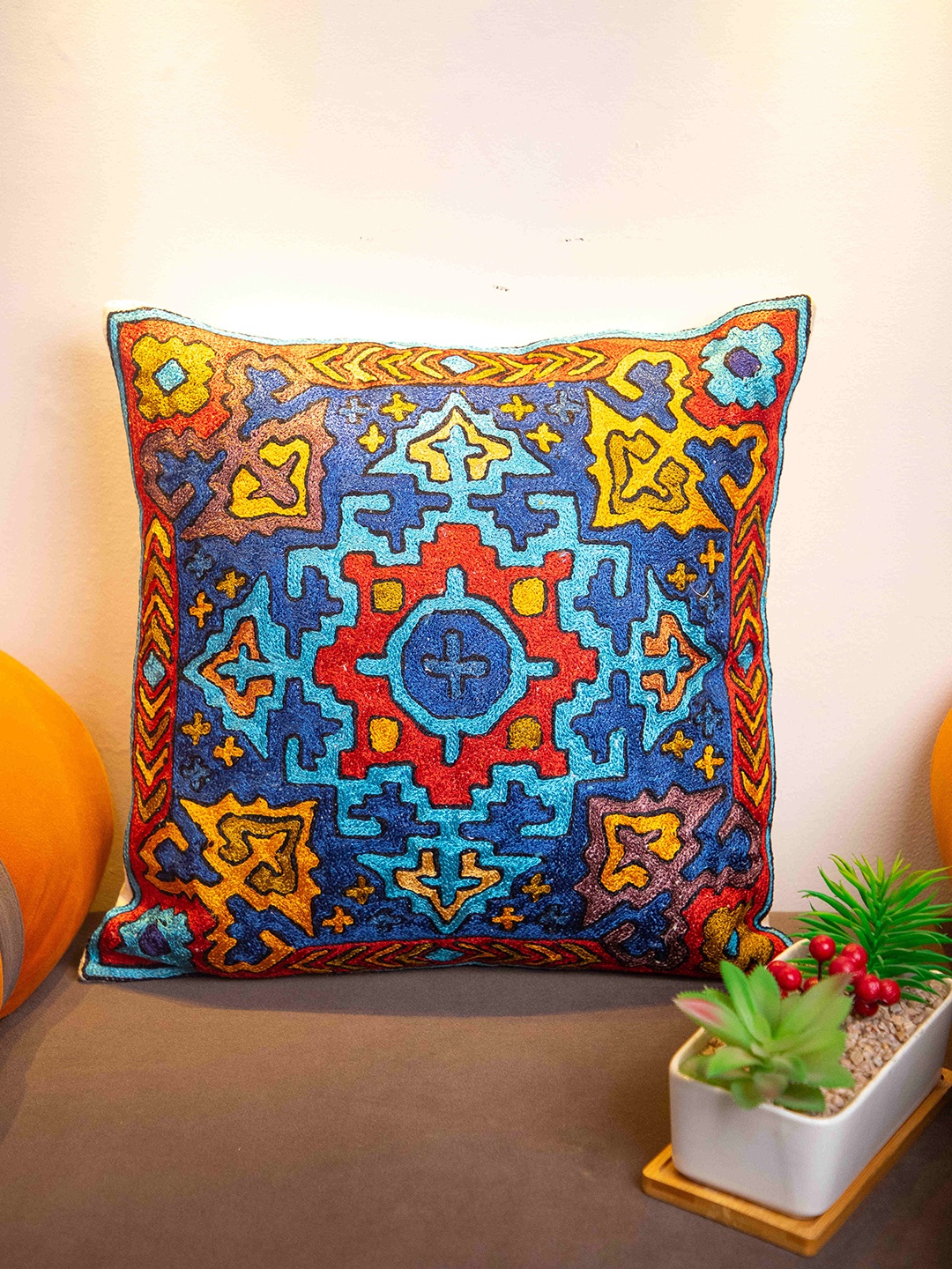 

STUDIOHMK Blue & Red Ethnic Motifs Embroidered Square Cotton Linen Cushion Cover