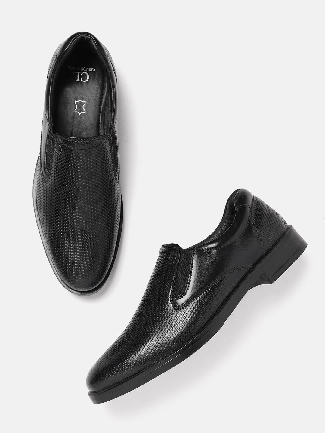 

Carlton London Men Textured Leather Formal Slip-Ons, Black