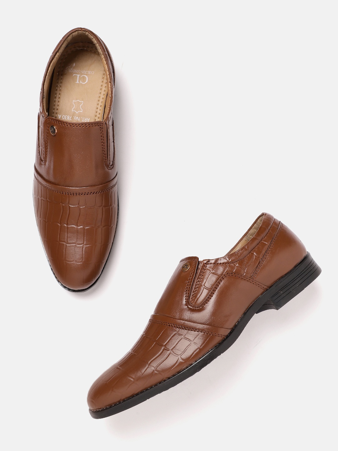 

Carlton London Men Croc Textured Leather Formal Slip-Ons, Tan