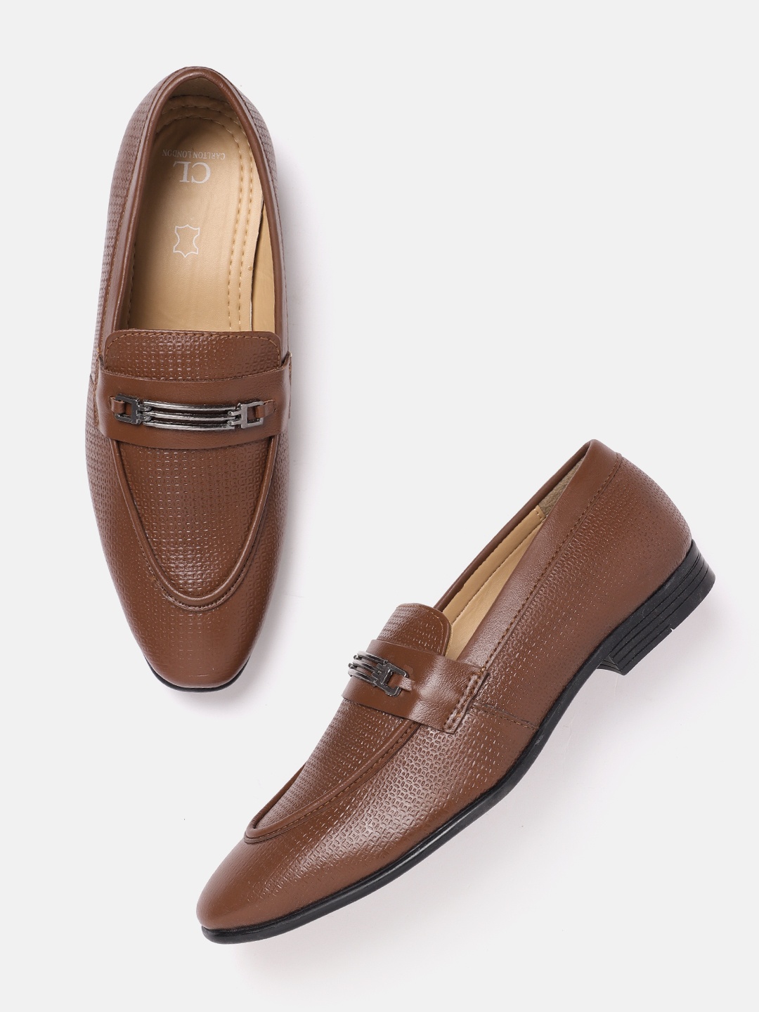 

Carlton London Men Textured Leather Formal Horsebit Loafers, Brown