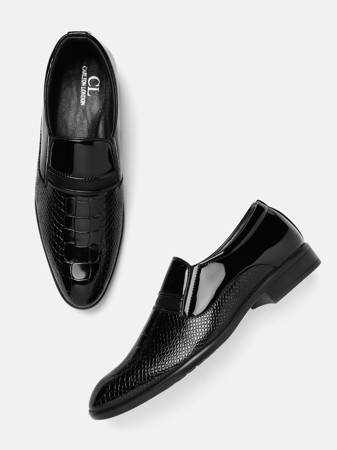 

Carlton London Men Snakeskin Textured Formal Slip-Ons, Black