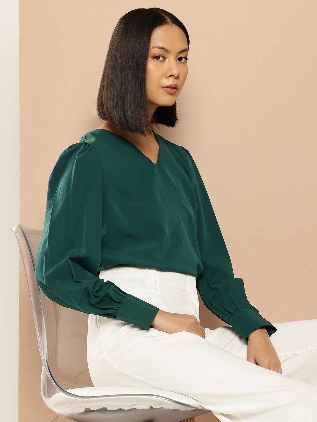 

her by invictus Cuff Sleeve Formal Top, Green