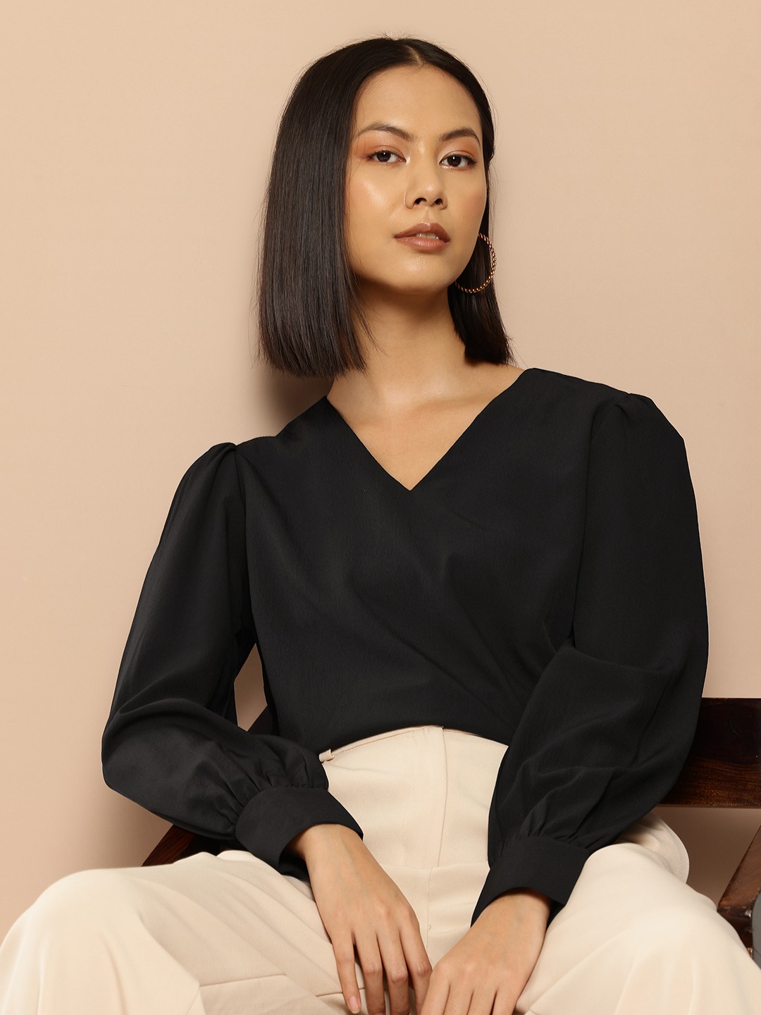 

her by invictus Cuff Sleeve Formal Top, Black