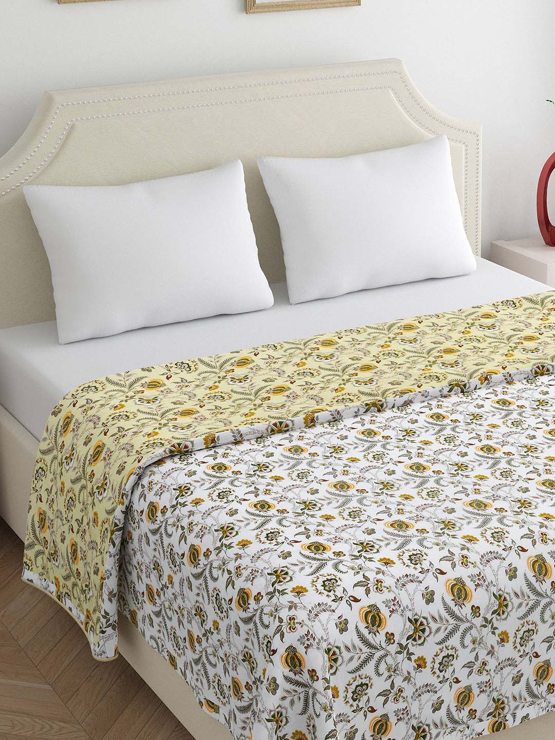 

Home Ecstasy Green & Yellow Floral Printed Pure Cotton 210 GSM Reversible Double Bed Dohar