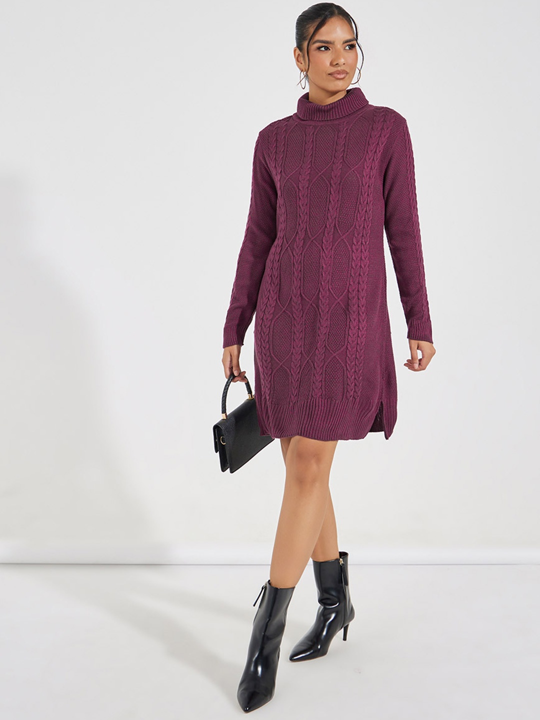 

Styli Self Design Acrylic High Neck Knee Length Sweater Dress, Purple