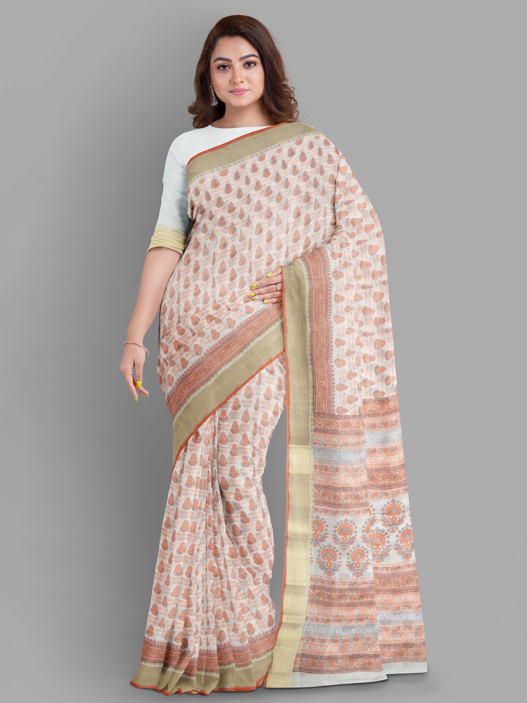 

The Chennai Silks Ethnic Motifs Zari Pure Cotton Gadwal Saree, Off white