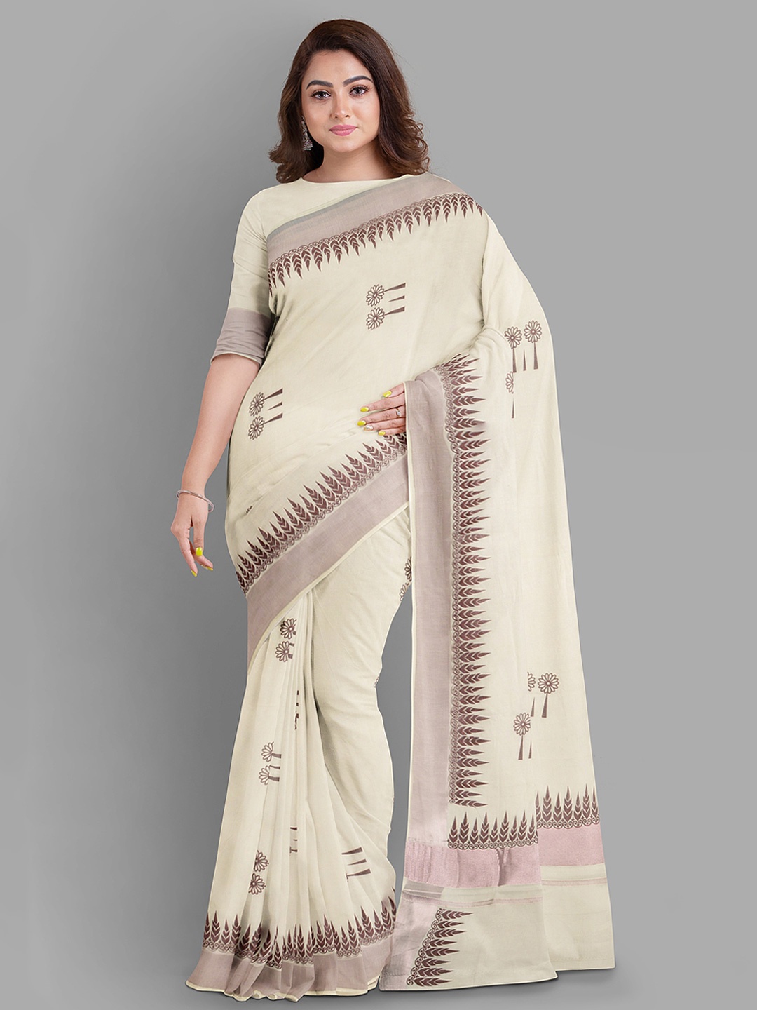

The Chennai Silks Floral Pure Cotton Kasavu Saree, Off white