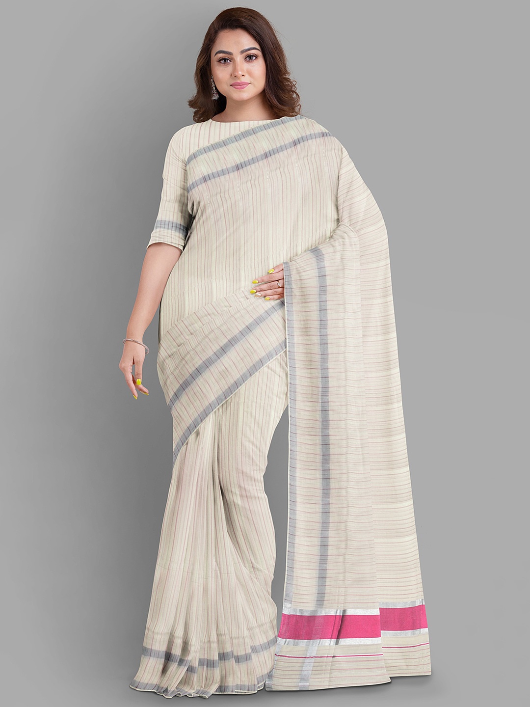 

The Chennai Silks Striped Pure Cotton Kasavu Saree, Off white