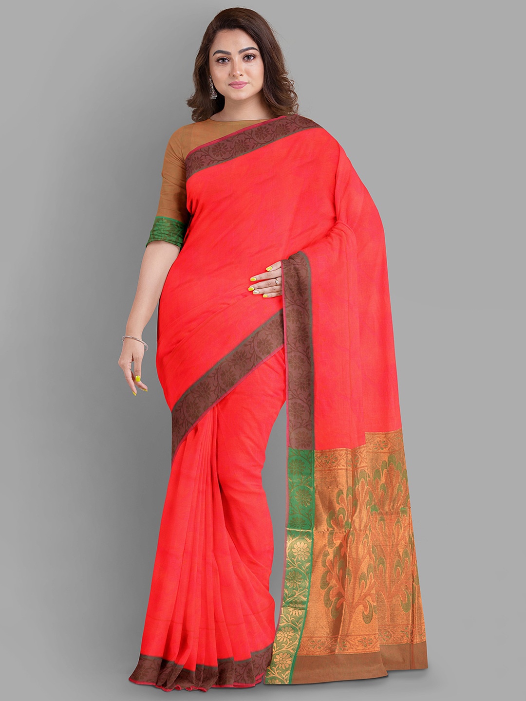 

The Chennai Silks Women Solid Zari Sarees With Blouse Piece, Orange