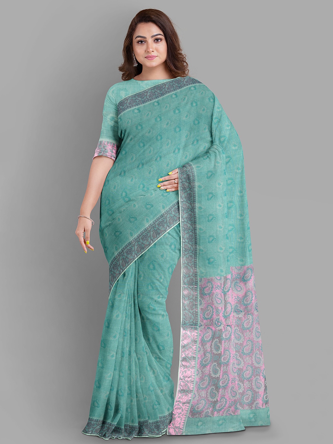 

The Chennai Silks Paisley Printed Pure Cotton Kovai Sarees, Sea green