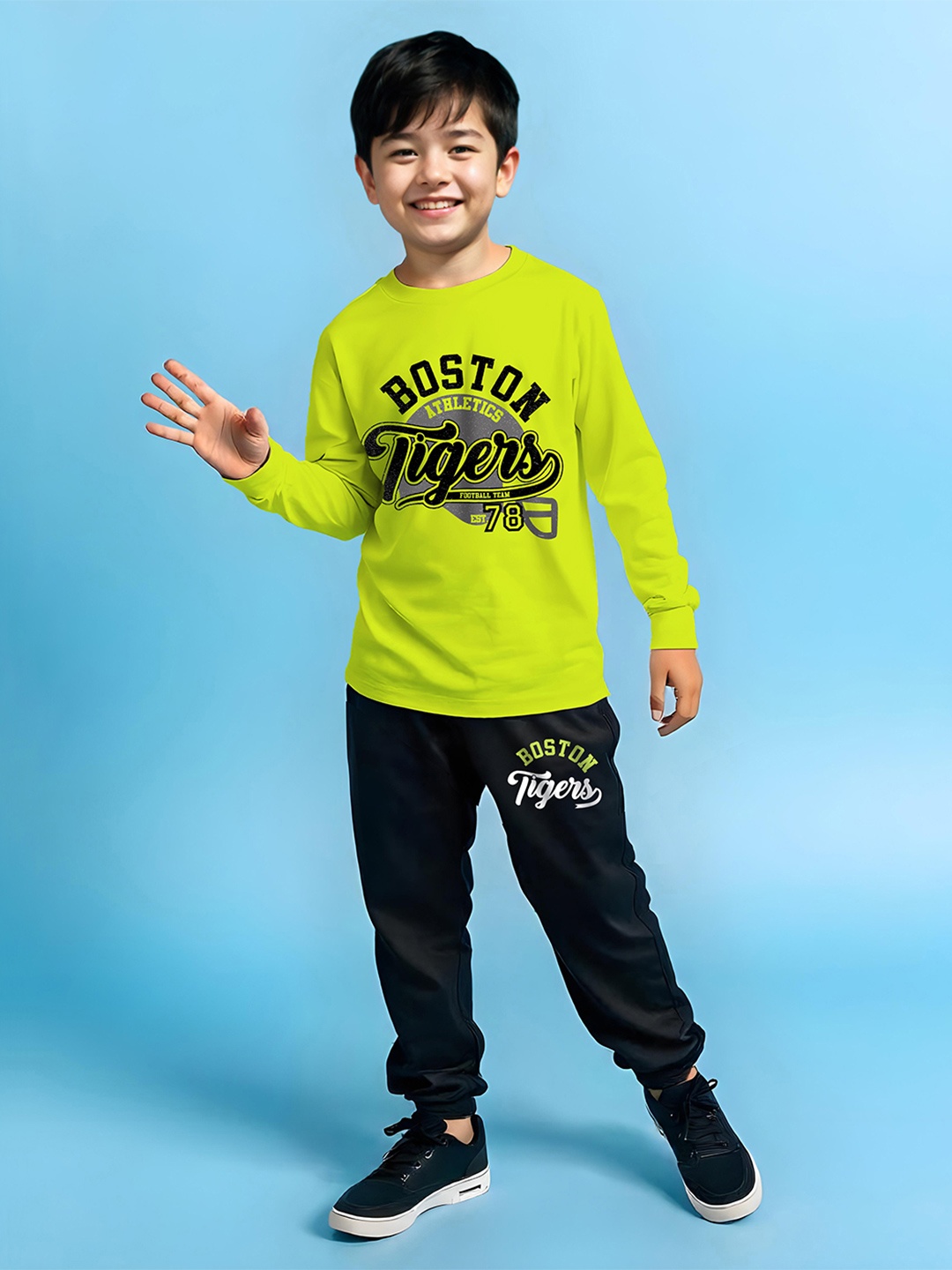 YK X Trampoline Kids Typographic Printed Tshirt With Joggers, Green