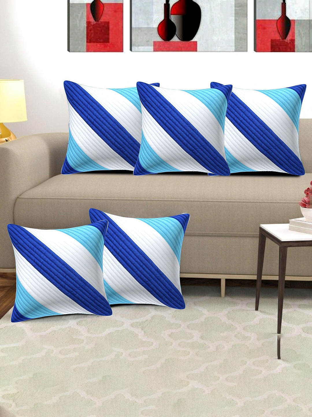 Creeva Blue & White 5 Pieces Striped Square Cushion Covers