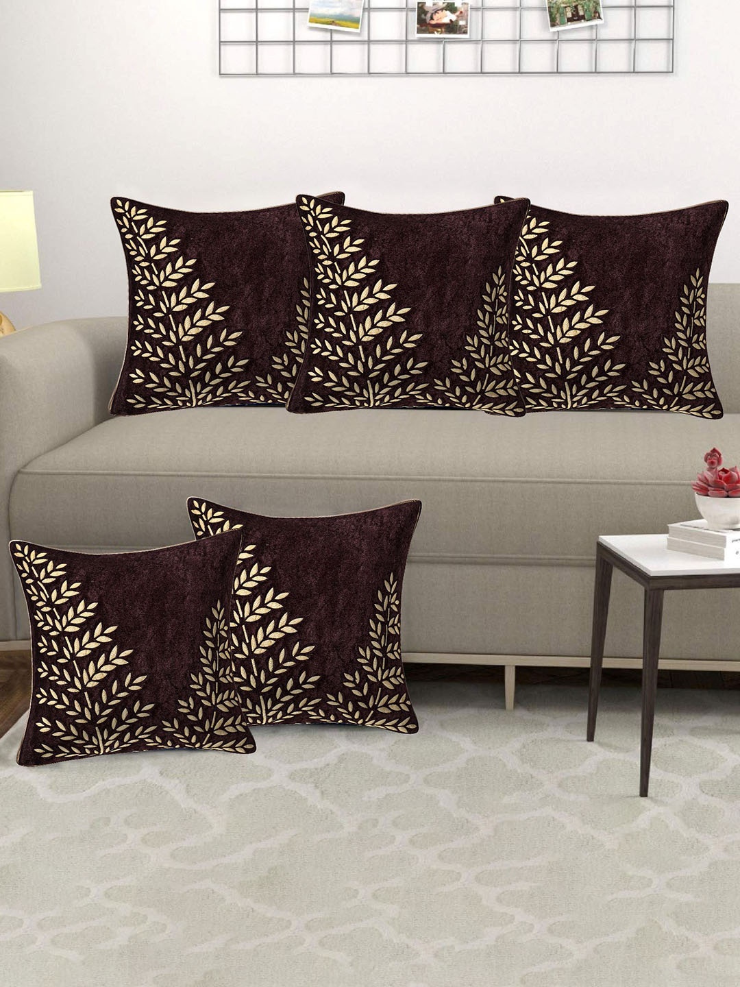 

Creeva Brown & Gold-Toned 5 Pieces Floral Square Cushion Covers