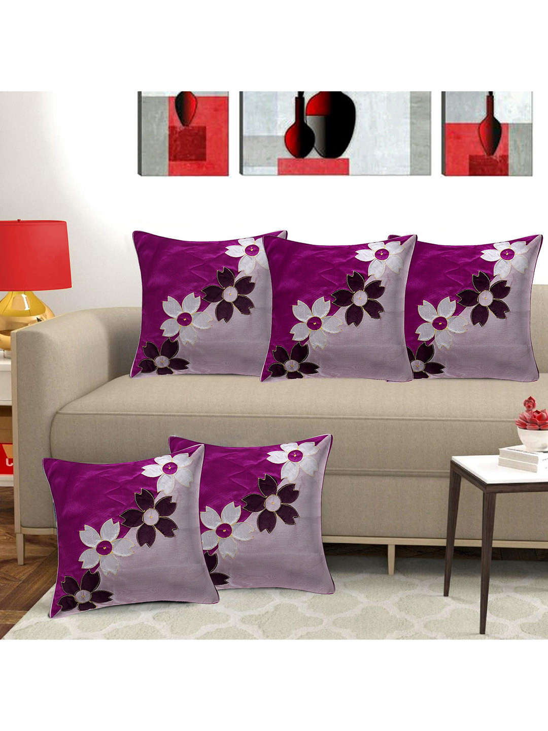 

Creeva Purple & Silver-Toned 5 Pieces Floral Square Cushion Covers