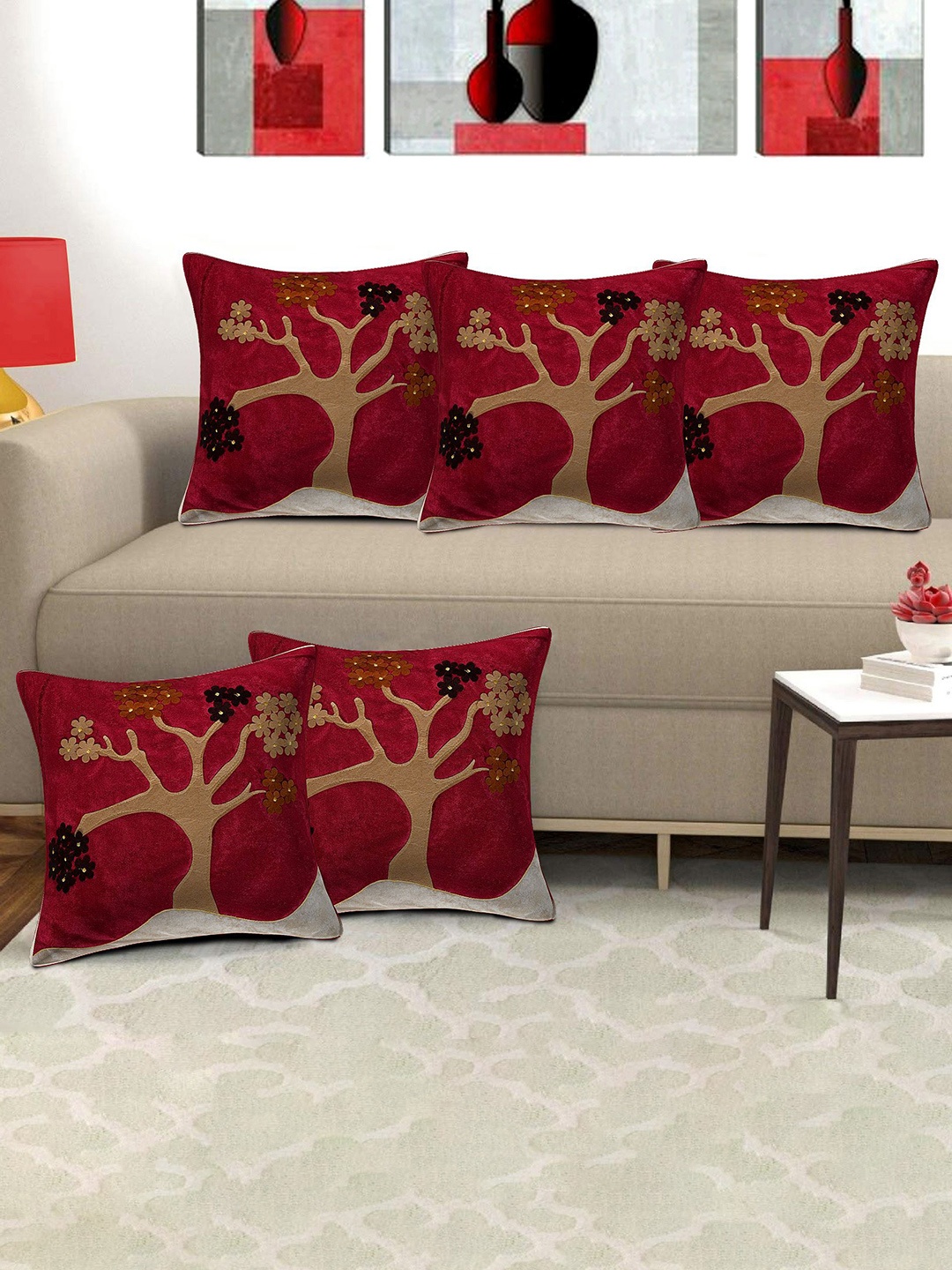 

Creeva Maroon & Gold-Toned 5 Pieces Graphic Patchwork Square Cushion Covers
