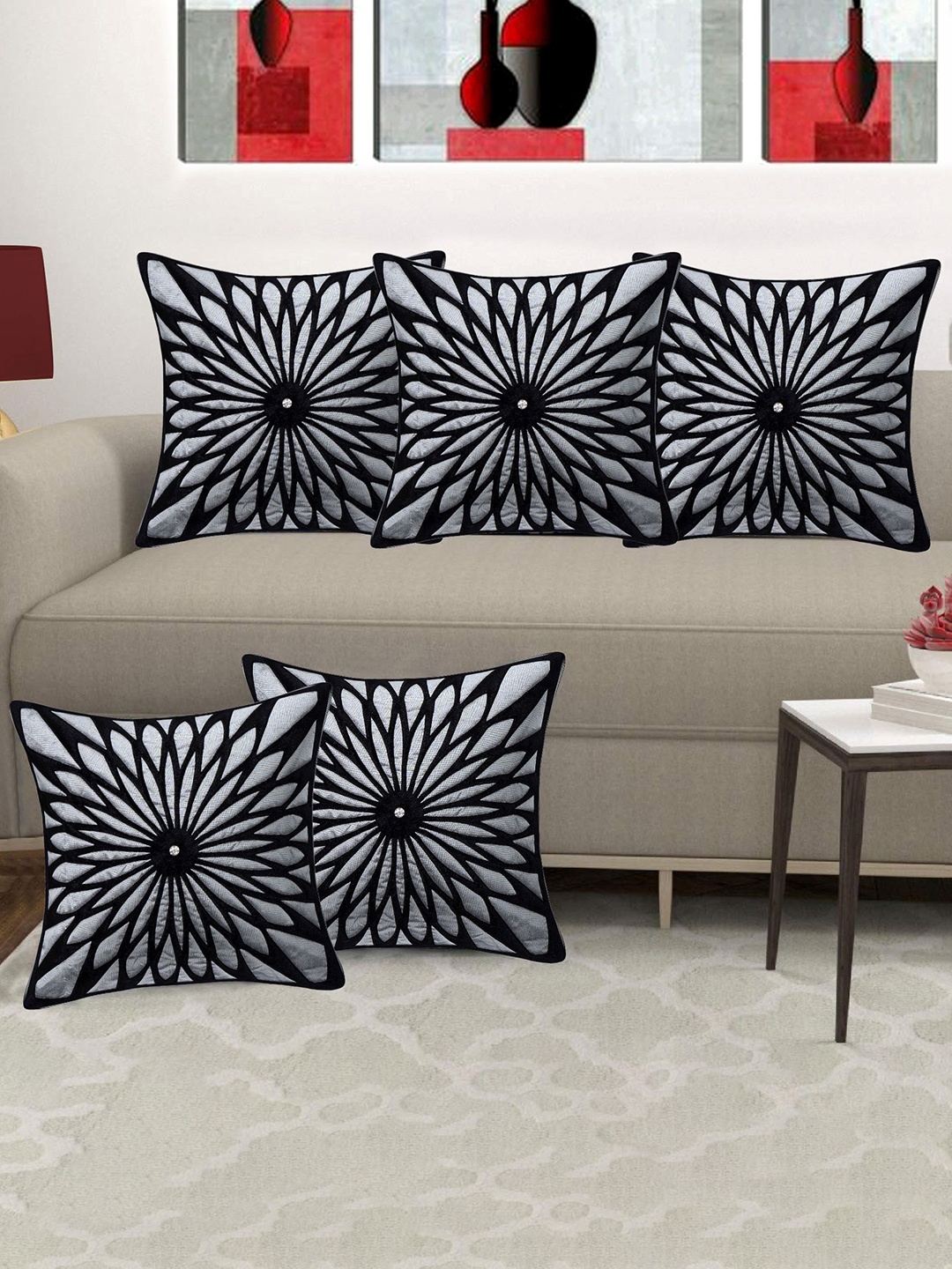 

Creeva Black & Grey 5 Pieces Floral Square Cushion Covers