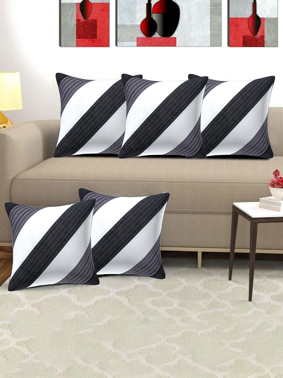 

Creeva Black & Grey 5 Pieces Striped Silk Square Cushion Covers
