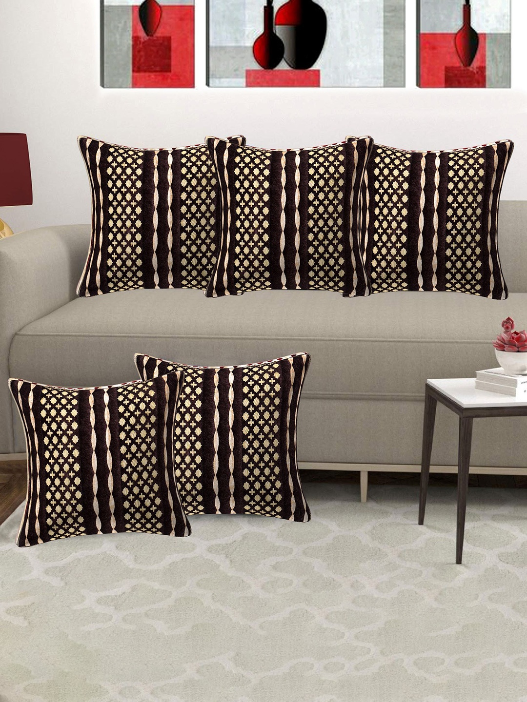 Creeva Brown & Yellow 5 Pieces Geometric Square Valvet Cushion Covers
