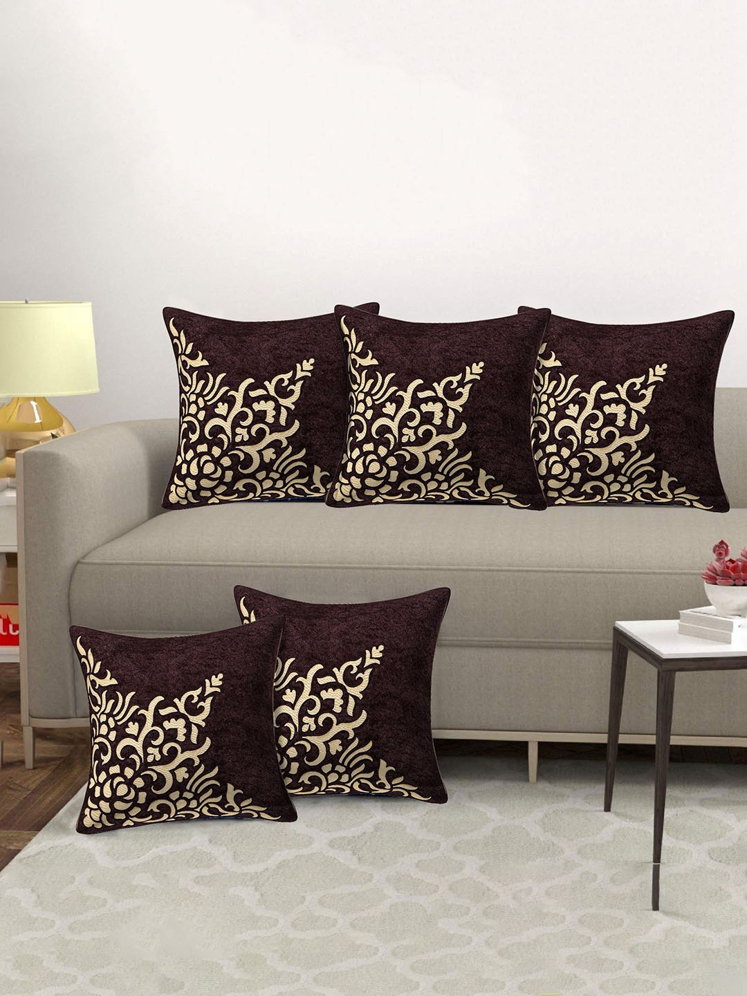

Creeva Brown & Gold-Toned 5 Pieces Ethnic Motifs Printed Velvet Square Cushion Covers