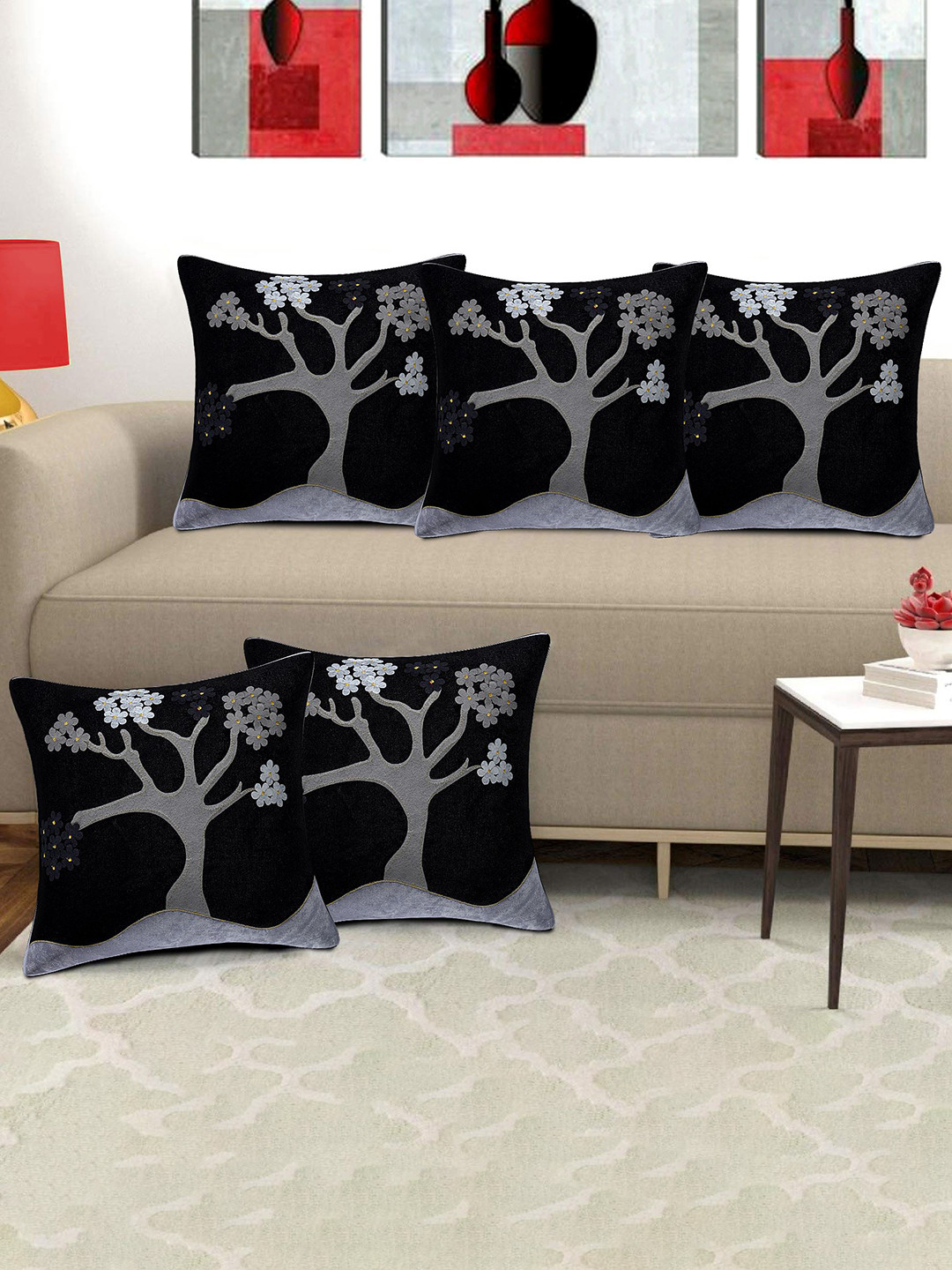 

Creeva Black & Grey 5 Pieces Floral Velvet Square Cushion Covers