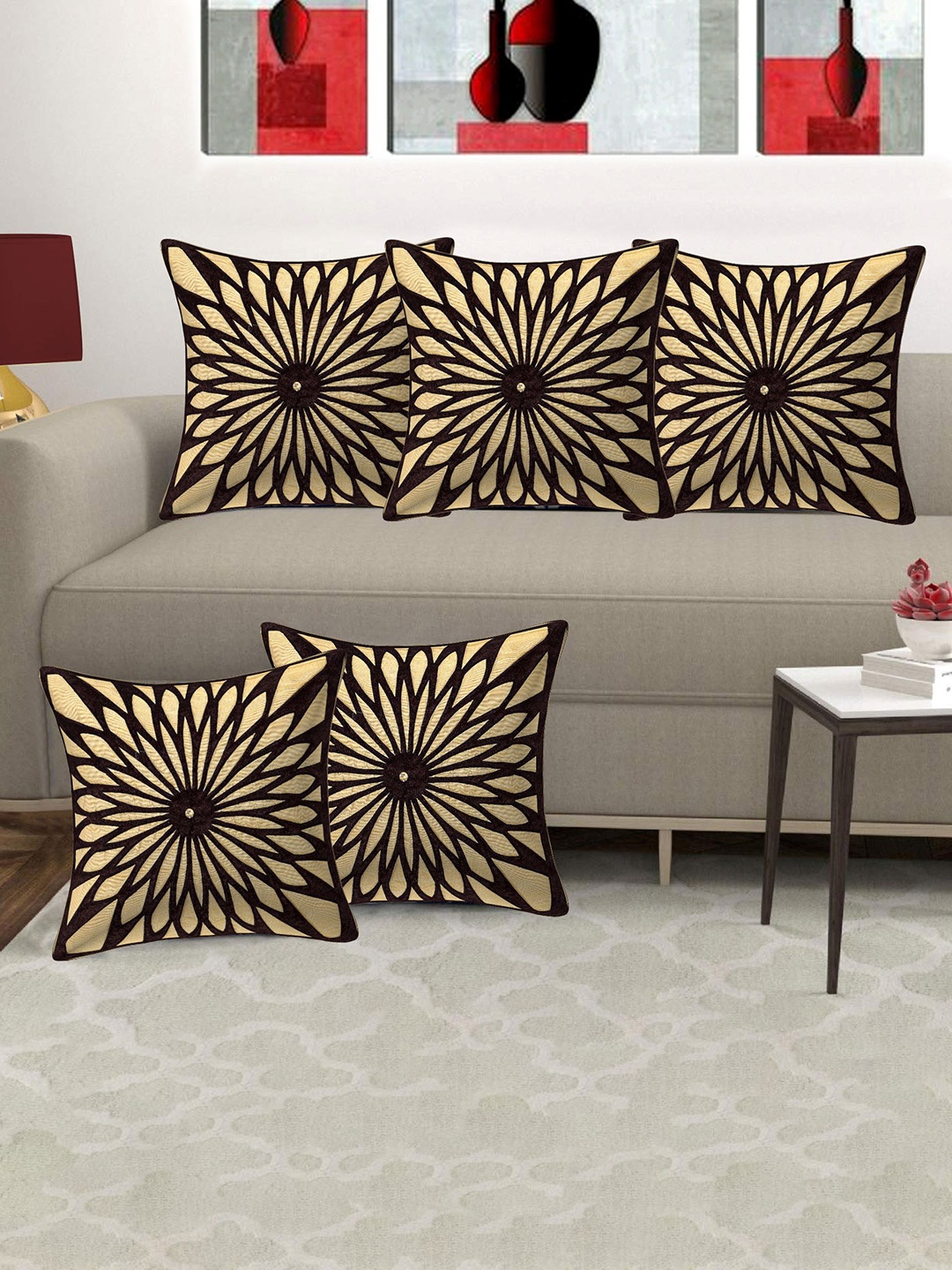 

Creeva Brown & Gold-Toned 5 Pieces Floral Printed Velvet Square Cushion Covers