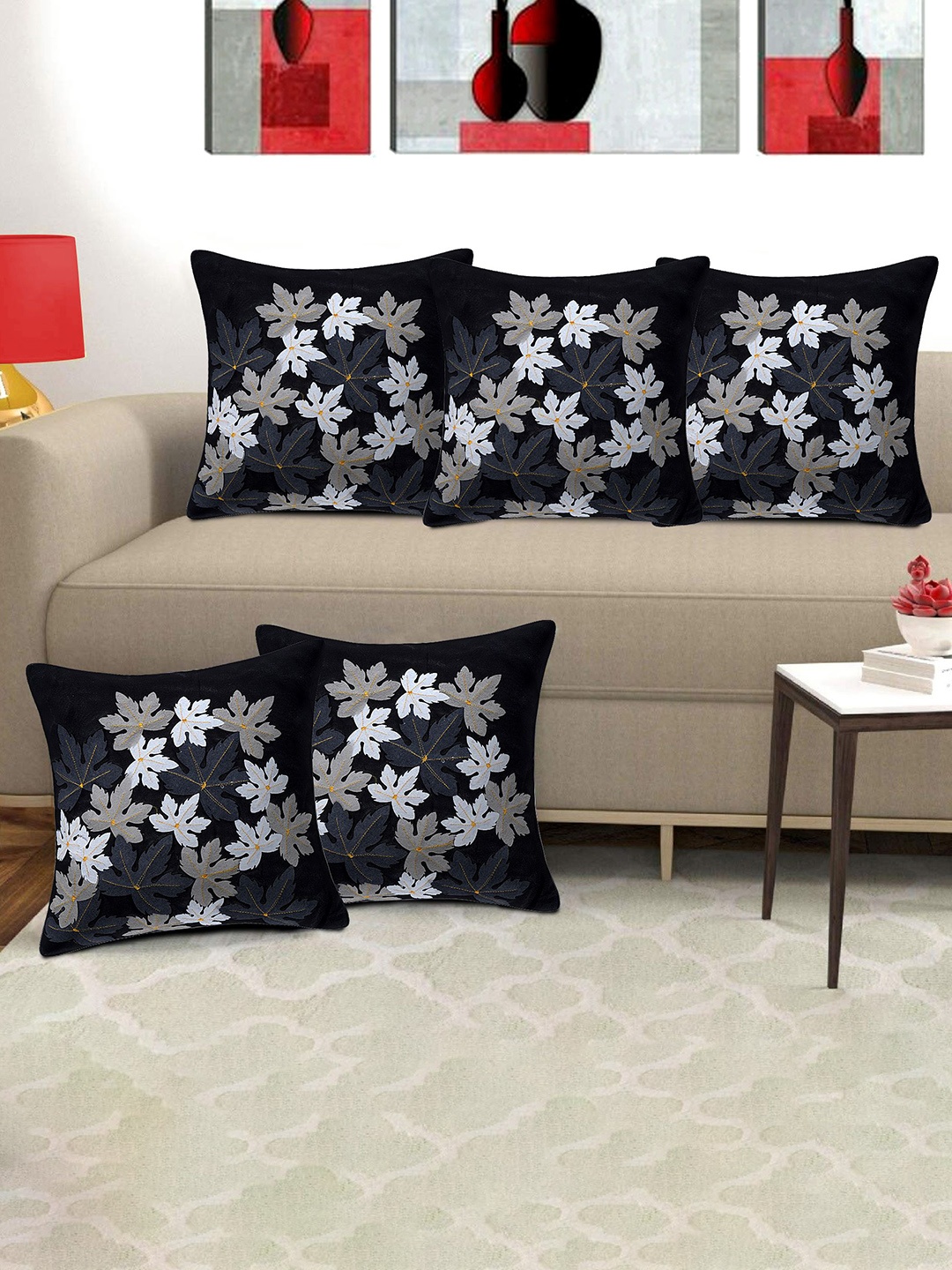 Creeva Black & Silver-Toned 5 Pieces Floral Square Cushion Covers