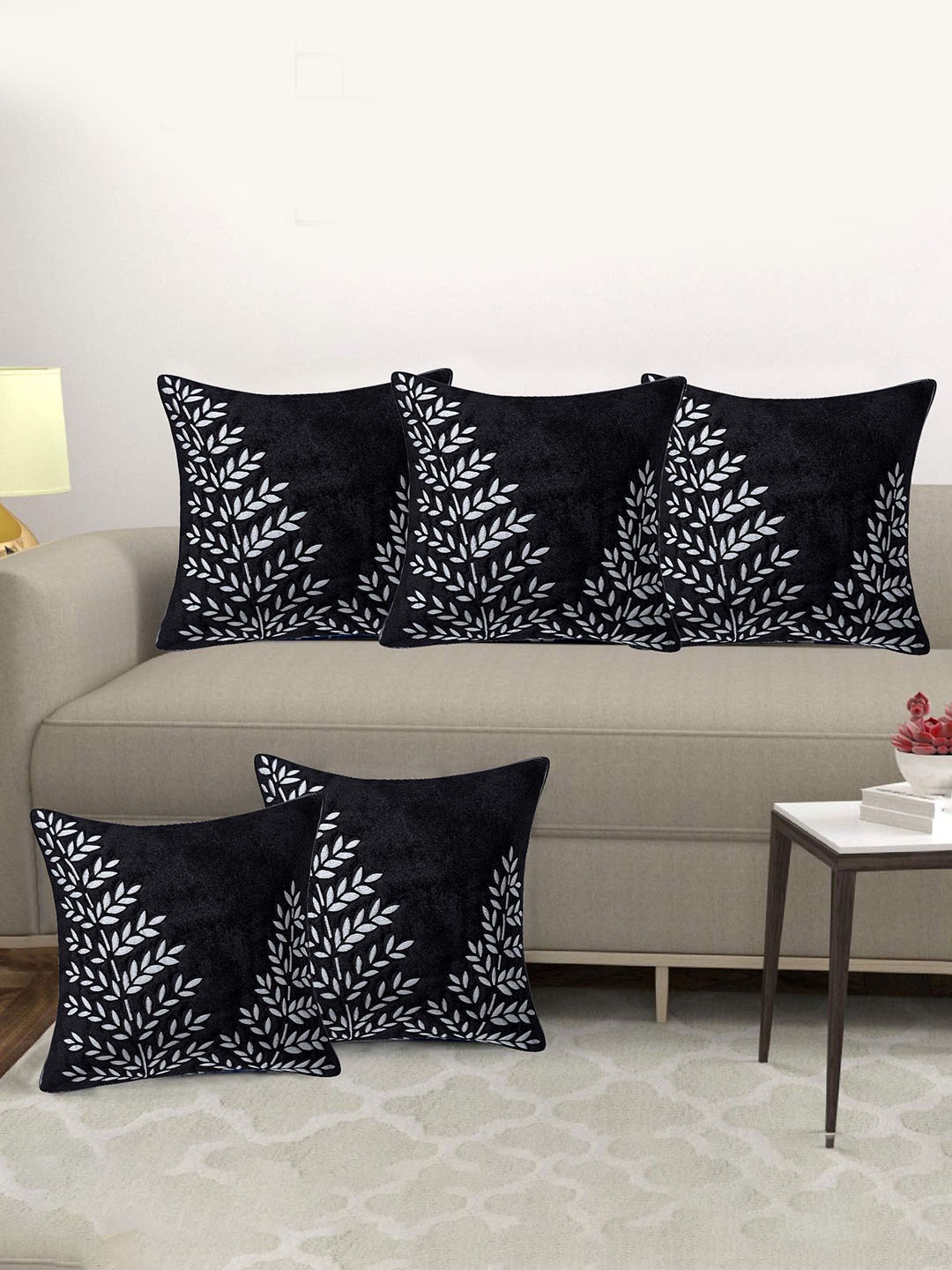 Creeva Black & Silver-Toned 5 Pieces Floral Square Velvet Cushion Covers