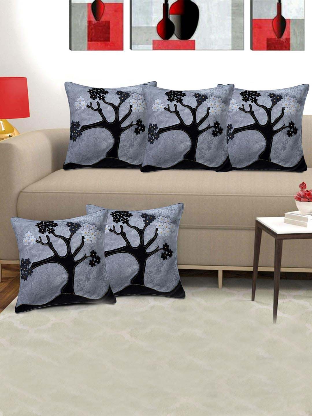 

Creeva Grey & Black 5 Pieces Floral Velvet Square Cushion Covers