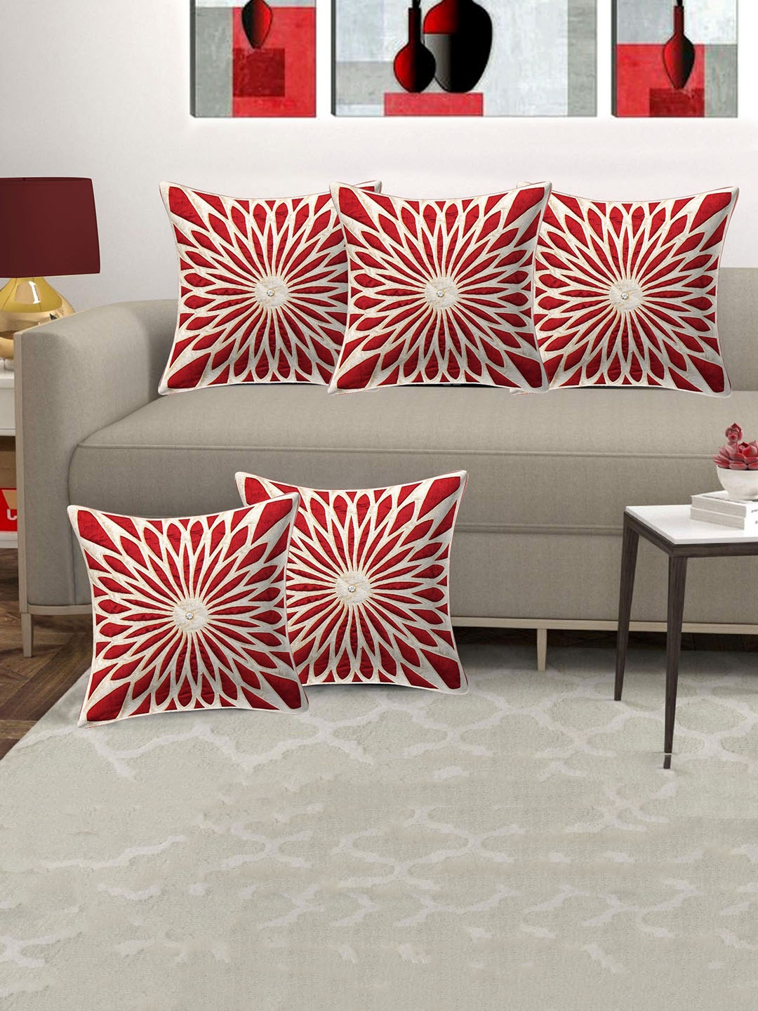 

Creeva Cream-Coloured & Red 5 Pieces Floral Printed Velvet Square Cushion Covers