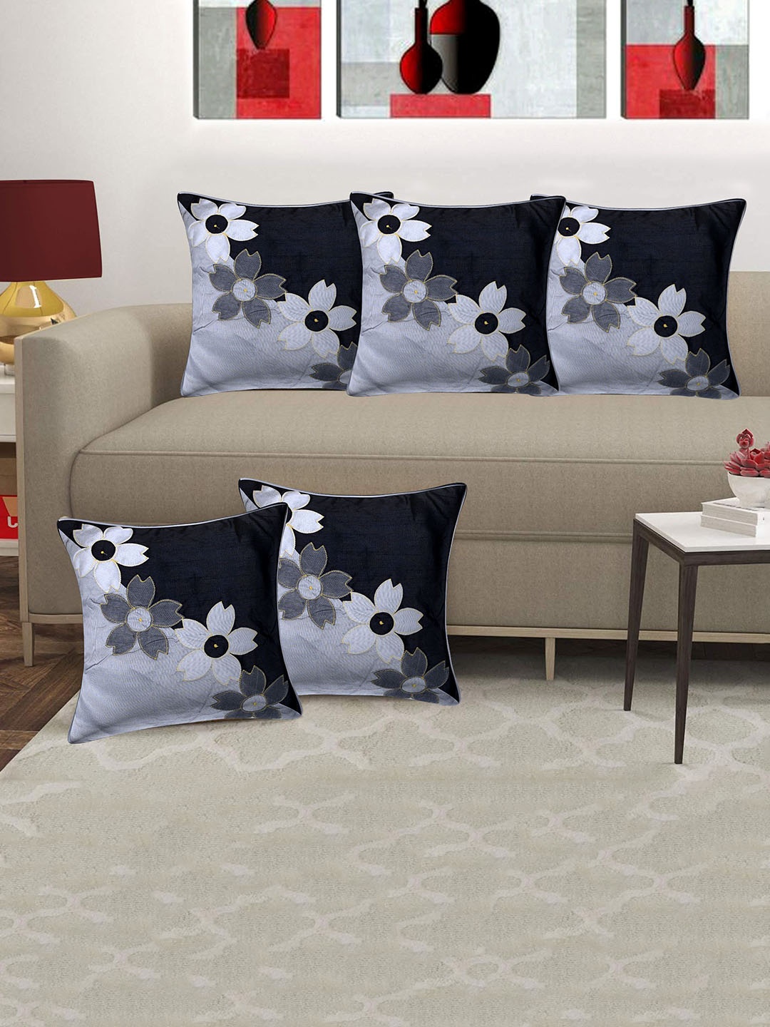 Creeva Black & Grey 5 Pieces Floral Printed Silk Square Cushion Covers
