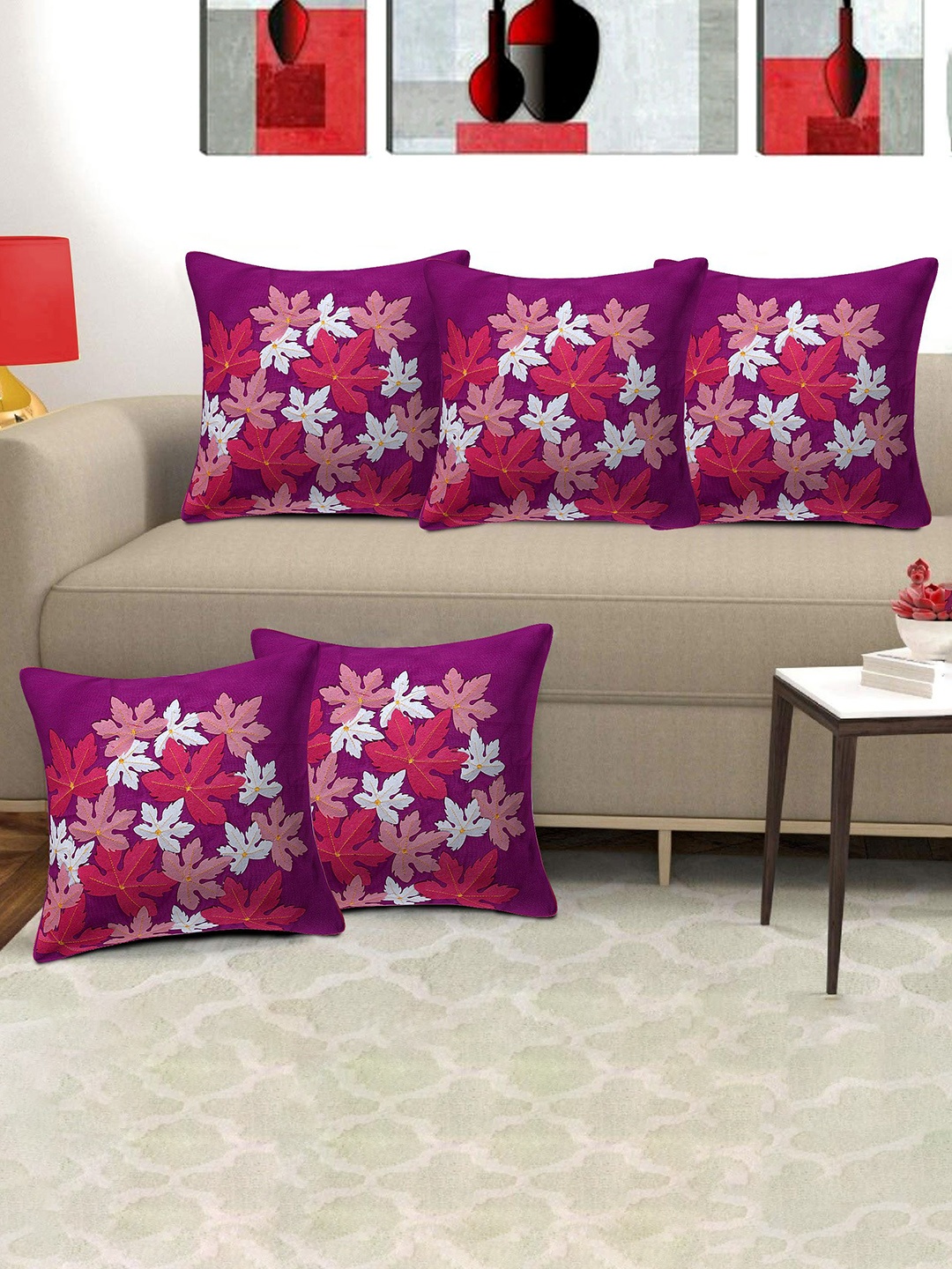

Creeva Purple & Red 5 Pieces Square Cushion Covers