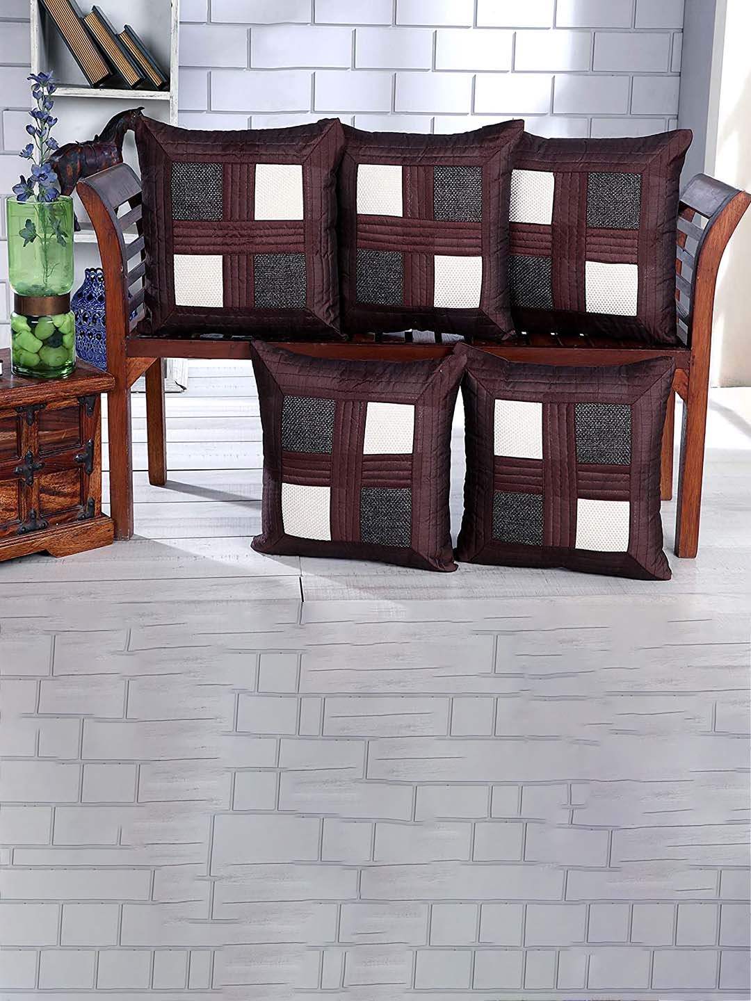 

Creeva Brown & White 5 Pieces Geometric Square Cushion Covers