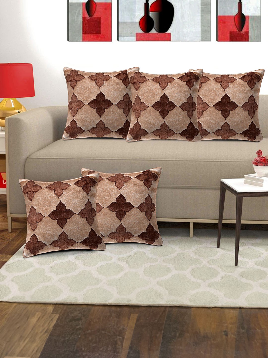 

Creeva Gold-Toned & Brown 5 Pieces Ethnic Motifs Velvet Square Cushion Covers