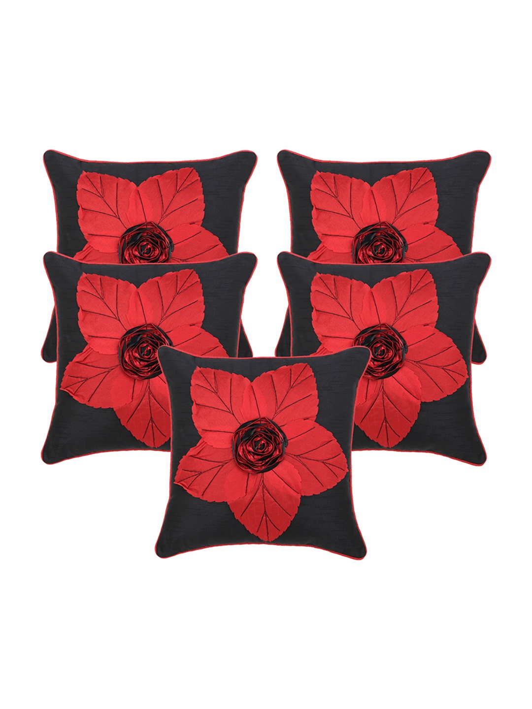 Creeva Red & Black 5 Pieces Floral Square Patchwork Cushion Covers