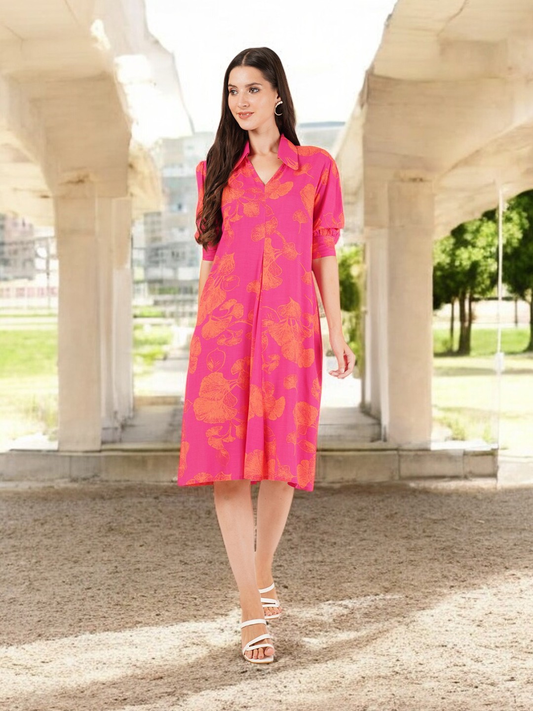 

BAESD Floral Printed A-Line Dress, Pink