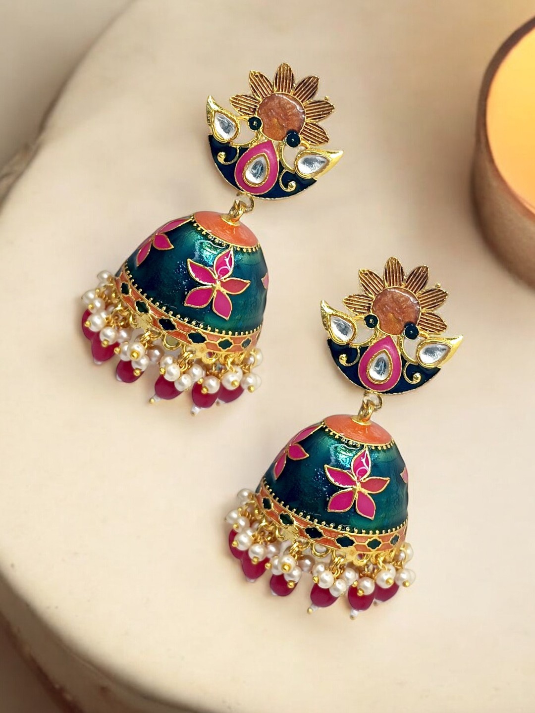 

9blings Gold Plated Stone Studded & Beaded Dome Shaped Meenakari Jhumkas