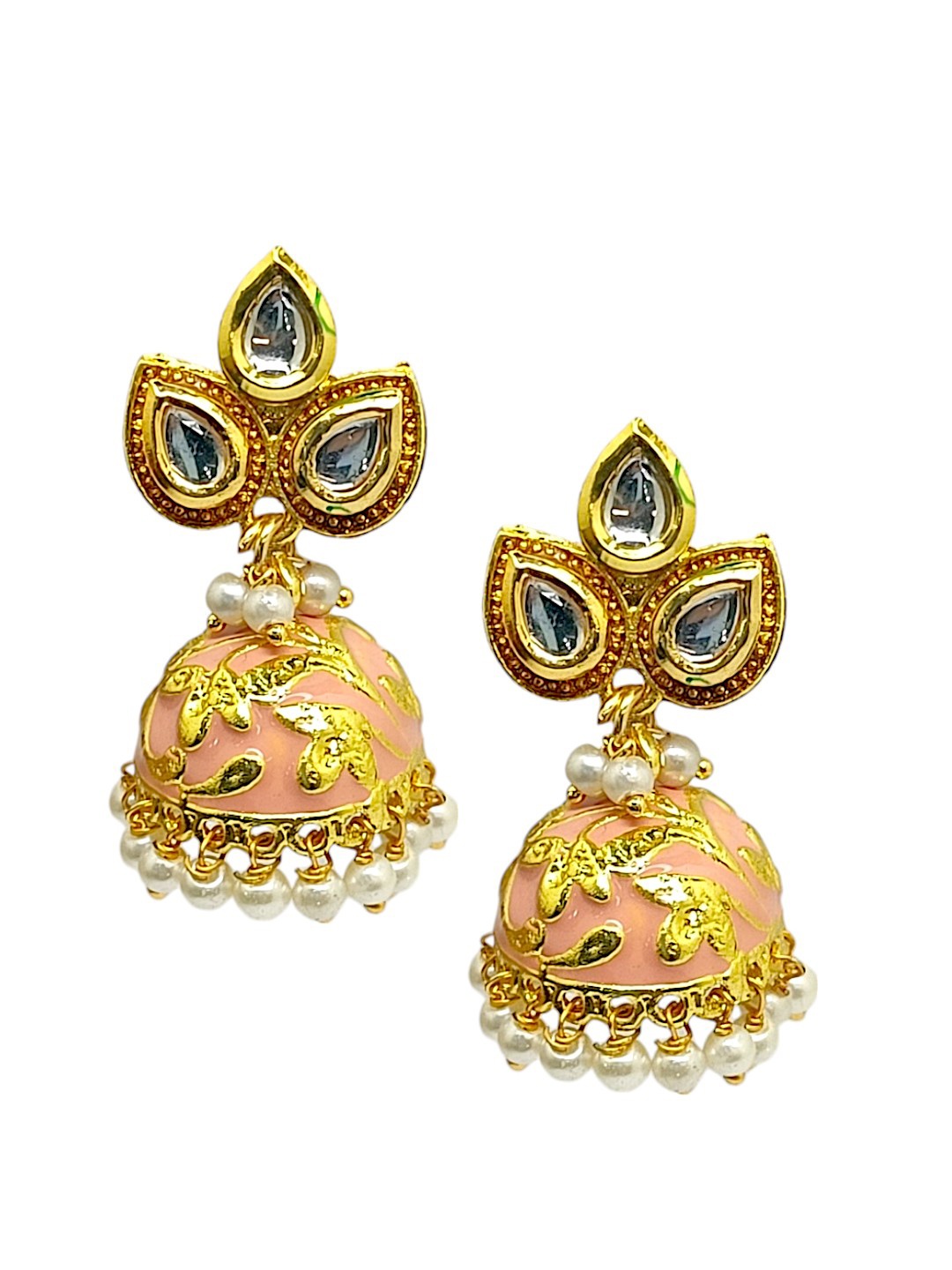 

9blings Gold Plated Stone Studded & Beaded Dome Shaped Jhumkas